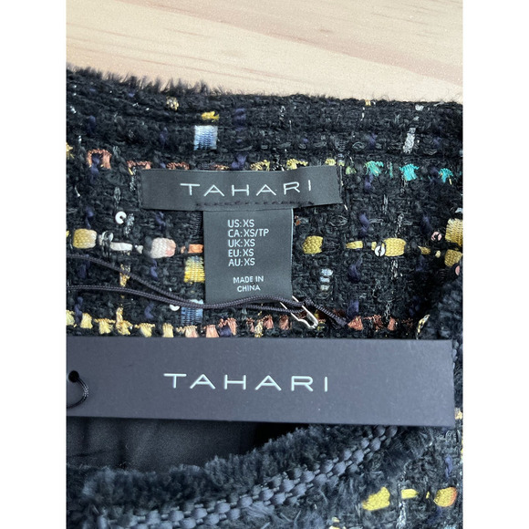 NWT Tahari Metallic Thread Tweed Fringe-Trim Blazer Jacket in Black,‎ XS - Picture 3 of 12